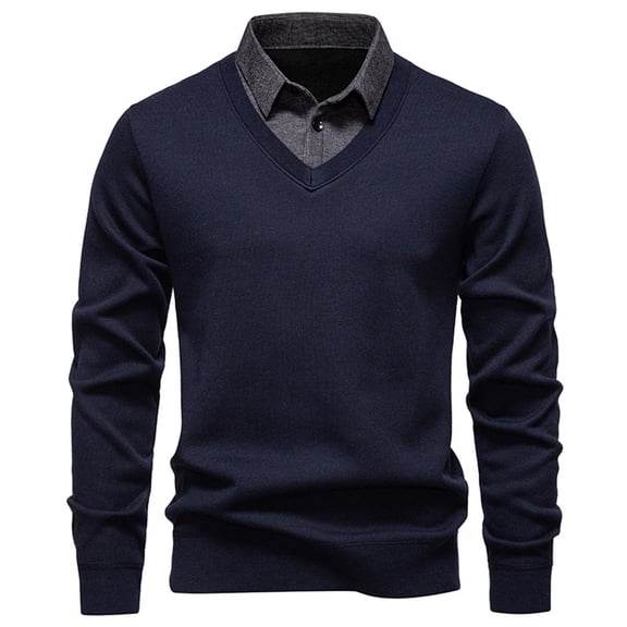Cardigan Sweater for Men Fashion Knit Collar Layered Long Sleeve Mens Casual Clothing,Navy,L