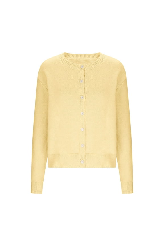 Cardigan Sweater for Women Long Sleeve Crew Neck Button Down Cable Knit Top Yellow M