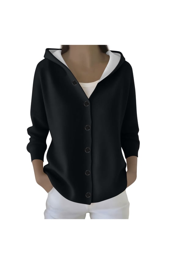 Cardigan Sweater for Women Long Sleeve Hooded Button Down Solid Knit Coat Black 2XL