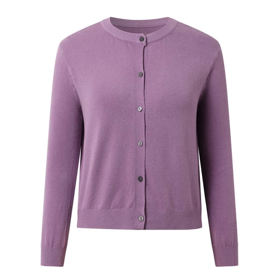 Cardigan Sweater for Women Long Sleeve Knit Crew Neck Button Down Cardigans for Women Open Front Purple Layering Top Early Fall Fashion