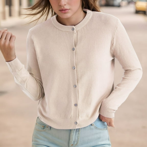 Cardigan Sweater for Women Long Sleeve Knit Crew Neck Button Down Cropped Sweaters for Women Open Front Beige Cardigan Early Fall Fashion