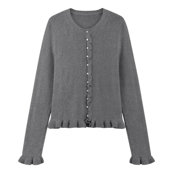 Cardigan Sweater for Women Long Sleeve Knit Crew Neck Button Up Light Sweaters for Women Open Front Grey Layering Top Fashion Clothing
