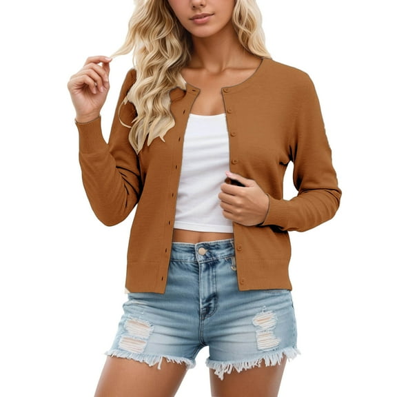 Cardigan Sweater for Women Long Sleeve Knit Crew Neck Button Up Womens Sweaters Open Front Brown Layering Top Fall Fashion