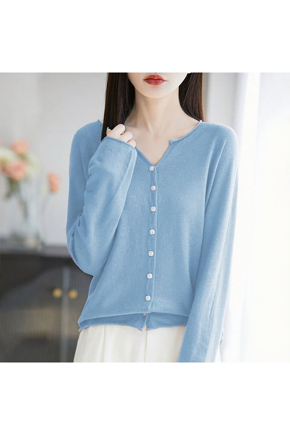 Cardigan Sweater for Women Long Sleeve Knit V-Neck Button Down Cardigan for Dress Open Front Sky Blue Sweaters Womens Fall Clothes