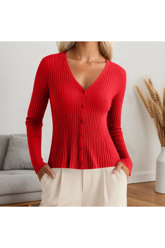 Cardigan Sweater for Women Long Sleeve Knit V-Neck Button Up Womens Sweater Open Front Red Layering Top Fall Fashion Must Haves