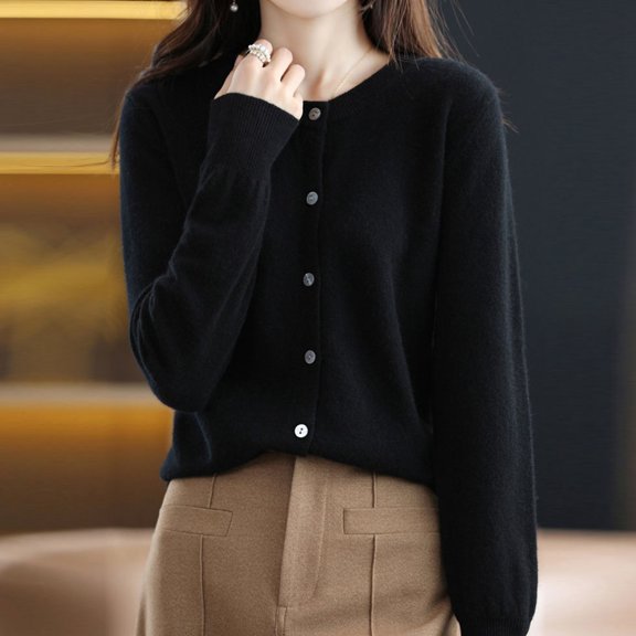 Cardigan Sweater for Women Long Sleeve Round Neck Knitted Button Down Cardigan for Women Open Front Black Layering Top Fall Outfits