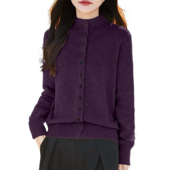Cardigan Sweater for Women Long Sleeve Round Neck Knitted Button Down Women Cardigan Open Front Dark Purple Layering Top Fall Outfits for Women