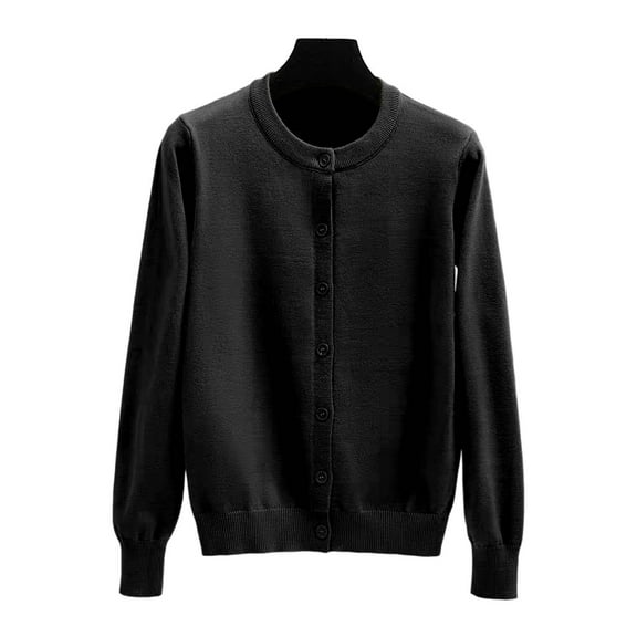 Cardigan Sweater for Women Long Sleeve Round Neck Knitted Button Up Cropped Sweaters for Women Open Front Black Layering Top Early Fall Fashion