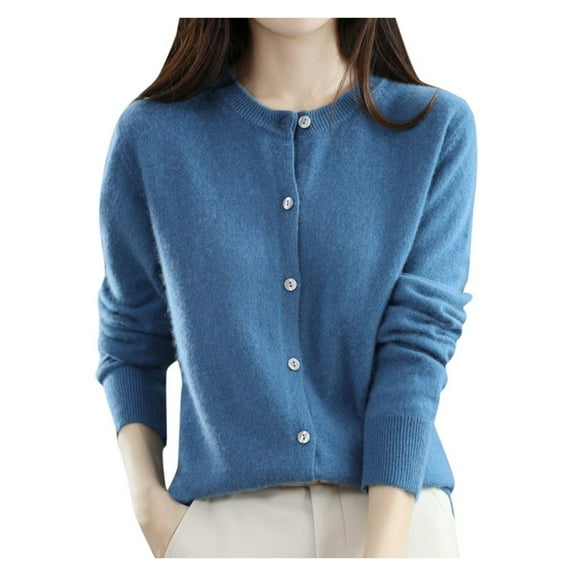 Cardigan Sweater for Women Long Sleeve Round Neck Knitted Button Up Womens Sweaters Open Front Blue Layering Top Winter Essentials