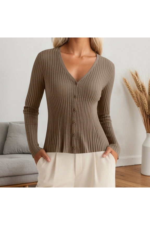 Cardigan Sweater for Women Long Sleeve V Neck Knitted Button Down Cardigans for Women Open Front Coffee Layering Top Fall Fashion