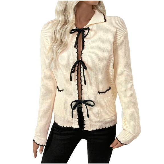 Cardigan Sweater for Women Tie Front Bow Long Sleeve Open Front Solid Ribbed Knit Top with Pocket Beige L