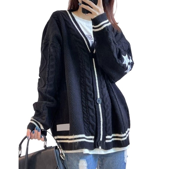 Cardigan Sweater for Women V Meck Button Down Star Print Cable Knit Sweaters Open Front Casual Long Sleeve Cardigan Alsol Lamesa