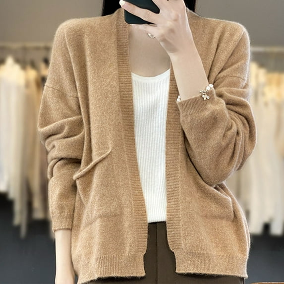 Cardigan Sweater for Womens Plus Size Knit Long Sleeve Soft Basic Knit Cardigan Sweater Coffee M