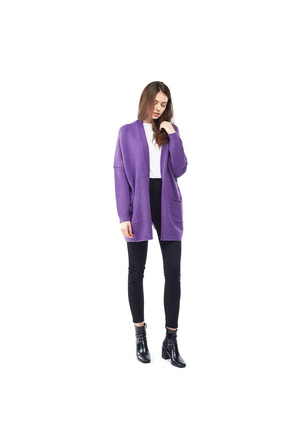Cardigan Sweater with Open Front & Pockets Purple
