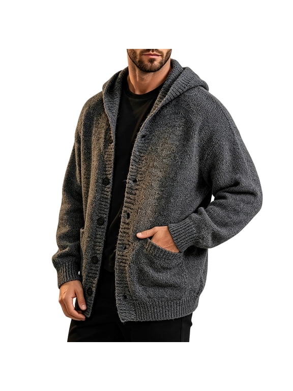 Cardigan Sweaters For Men Hooded Long Sleeve Thick Knit Sweater Loose Fit Warm Button Front Tops With Big Pockets