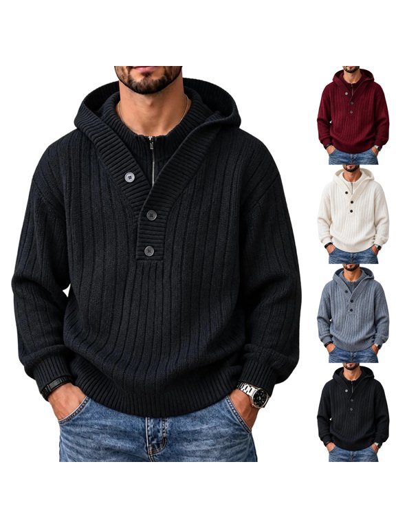 Cardigan Sweaters For Men Hooded Turtleneck Button Sweater, Warm Men's Knit Sweater Jacket M-4XL
