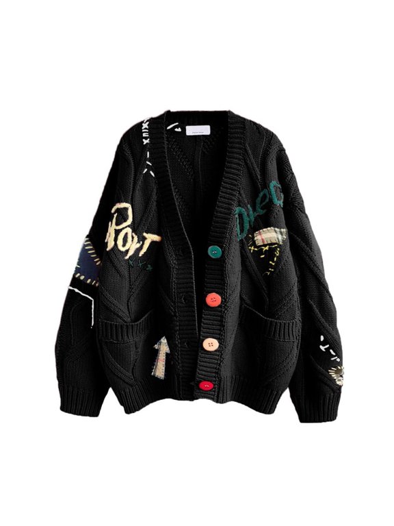 Cardigan Sweaters For Women 2026 Embroidery Patch Button Down Cable Knit Coat Trendy Cute Fall Winter Outerwear With Pocket