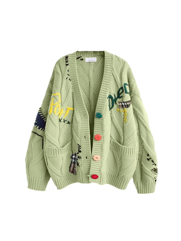 Cardigan Sweaters For Women 2026 Embroidery Patch Button Down Cable Knit Coat Trendy Cute Fall Winter Outerwear With Pocket