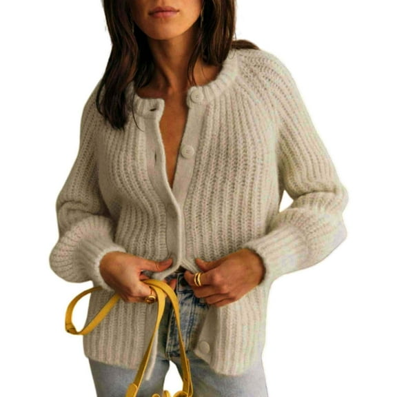 Casual Long Sleeve Crewneck Button Down Cardigan Sweater Knit Outwear, Yellow L, Size S-XL