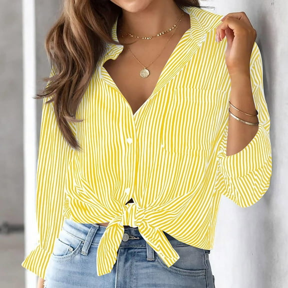 Cardigan Sweaters For Women Cotton Striped Button Down Shirt, Little Oversized Long Sleeve Casual Work Blouse 1pc , Yellow 2XL, Size S-2XL