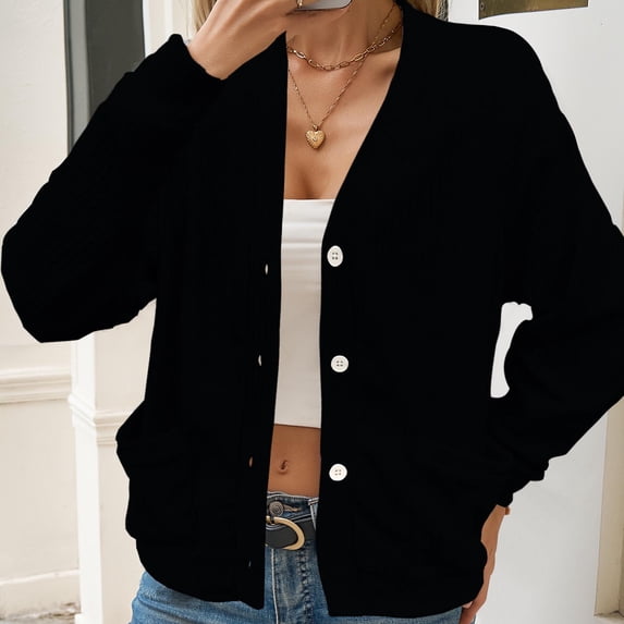 Cardigan Sweaters For Women Lightweight V-Neck Knit Cardigan With Button Front And Patch Pockets Trendy Cardigan Sweaters