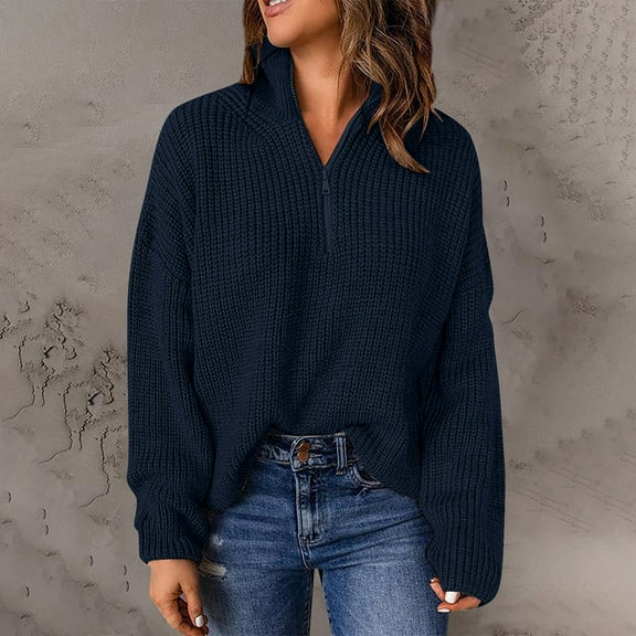 Cardigan Sweaters For Women Long Sleeve 1/4 Zip Pullover Turtleneck Sweater, Blue , Size S-3XL