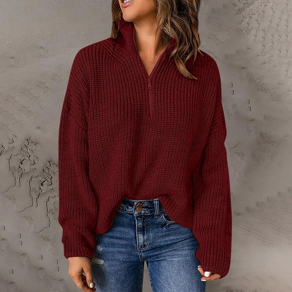 Cardigan Sweaters For Women Long Sleeve 1/4 Zip Pullover Turtleneck Sweater, Red , Size S-3XL