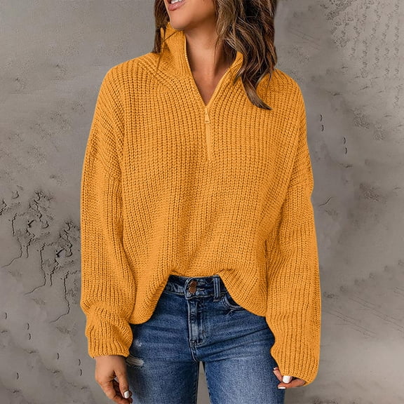 Cardigan Sweaters For Women Long Sleeve 1/4 Zip Pullover Turtleneck Sweater, Yellow , Size S-3XL