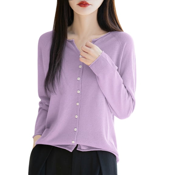 Cardigan Sweaters For Women Open Front Cozy Fall Cardigans Sweater Midweight Winter Warm Long Sleeved Round Neck Knitted Sweater Coat Light Purple