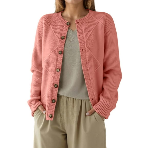 Cardigan Sweaters For Women Open Front Cozy Fall Cardigans Sweater Midweight Winter Warm Long Sleeved Round Neck Knitted Sweater Coat Pink