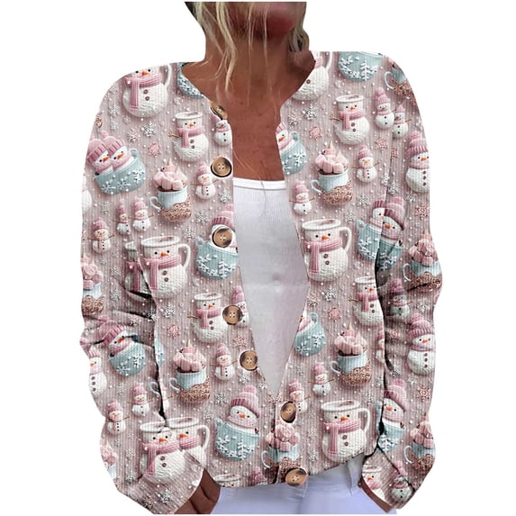 Cardigan Sweaters For Women Oversized Crew Neck Cropped Long Sleeve Button Down Tops Printed Knitted Outerwear (5XL, Pink-B)
