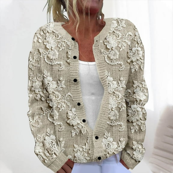 Cardigan Sweaters For Women Oversized Crew Neck Cropped Long Sleeve Button Down Tops Printed Knitted Outerwear Beige 4Xl