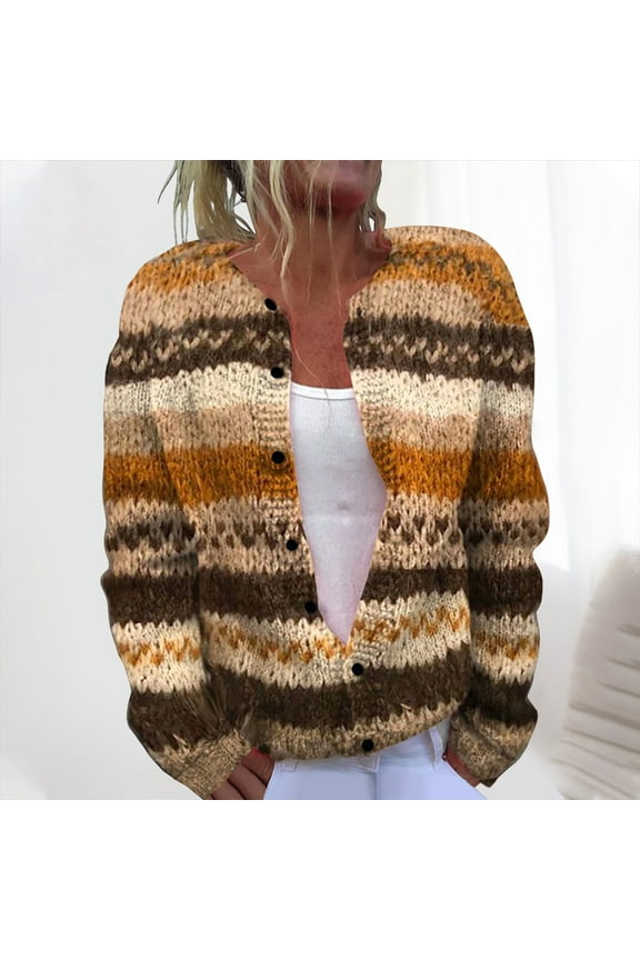 Cardigan Sweaters For Women Oversized Crew Neck Cropped Long Sleeve Button Down Tops Printed Knitted Outerwear Coffee L
