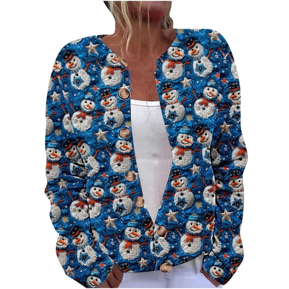 Cardigan Sweaters For Women Oversized Crew Neck Cropped Long Sleeve Button Down Tops Printed Knitted Outerwear (L, Blue)