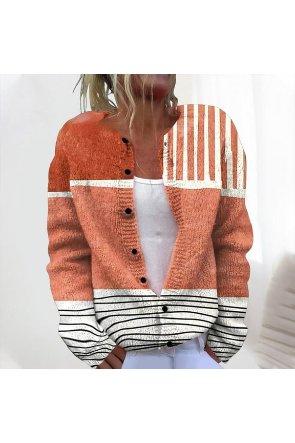 Cardigan Sweaters For Women Oversized Crew Neck Cropped Long Sleeve Button Down Tops Printed Knitted Outerwear Rose Gold M