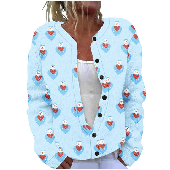 Cardigan Sweaters For Women Oversized Crew Neck Cropped Long Sleeve Button Down Tops Printed Knitted Outerwear (S, Light Blue-A)