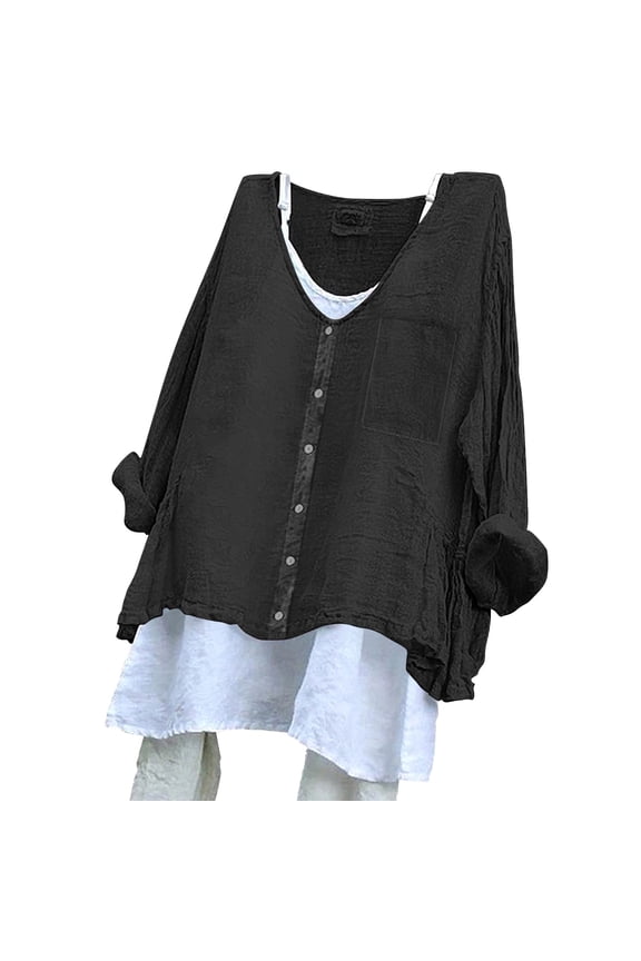 Cardigan Sweaters For Women Solid Color Loose Cotton Texture Dress Shirt, Button Back Design, Long Sleeve, Cotton and Linen 1pc, Black XL, Size S-3XL