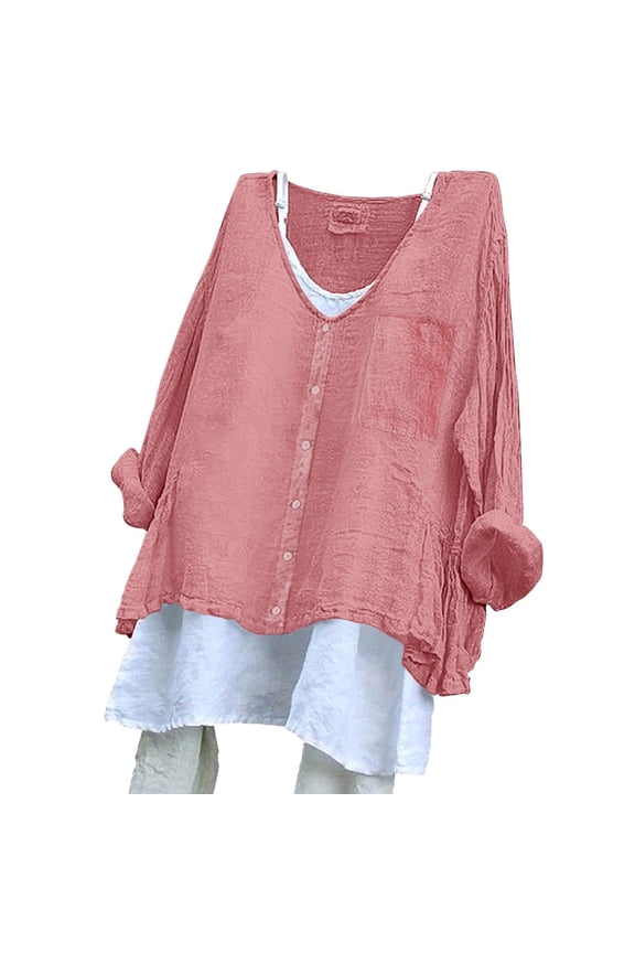 Cardigan Sweaters For Women Solid Color Loose Cotton Texture Dress Shirt, Button Back Design, Long Sleeve, Cotton and Linen 1pc, Pink L, Size S-3XL