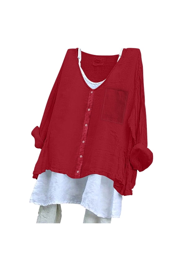 Cardigan Sweaters For Women Solid Color Loose Cotton Texture Dress Shirt, Button Back Design, Long Sleeve, Cotton and Linen 1pc, Red 3XL, Size S-3XL