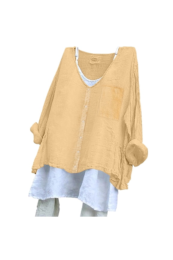 Cardigan Sweaters For Women Solid Color Loose Cotton Texture Dress Shirt, Button Back Design, Long Sleeve, Cotton and Linen 1pc, Yellow M, Size S-3XL