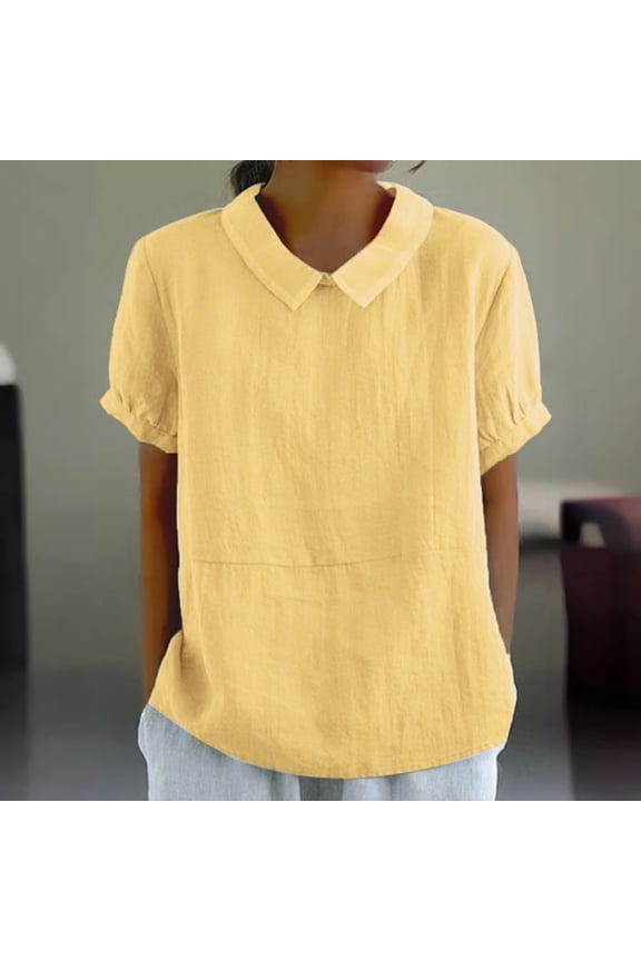 Cardigan Sweaters For Women Summer Solid Color Top, Cotton And Linen Short Sleeve Lapel Casual Flax Blouse 1pc , Yellow 2XL, Size S-3XL
