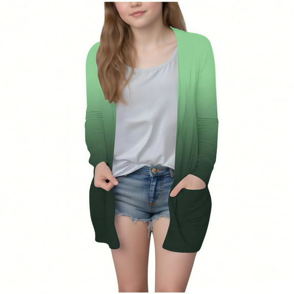 Cardigan Sweaters for Girls Cute New Girls Open Front Cardigan Fashion Gradient Color Casual Long Sleeve Jacket Lightweight Fall Outwear with Pockets Army Green 160