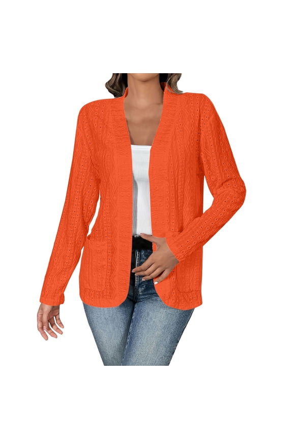 Cardigan Sweaters For Women Autumn Solid Color Hollow Loose Casual Cardigan With Pocket Long Sleeved Bubble Wrinkles Blending Coats Outerwear Jackets 1Pc Orange 3Xl Sweaters For Women