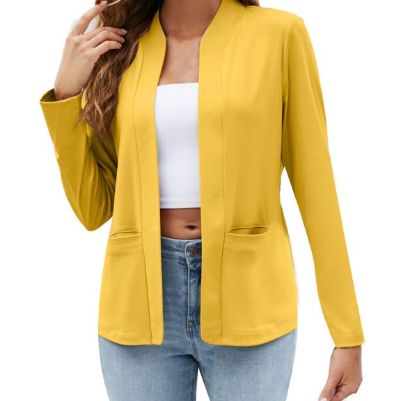 Cardigan Sweaters For Women Autumn Solid Color Pocket Jacket Long Sleeved Loose Casual Suit Style Blended Fabric Female Polyester Jacket Outerwear Jackets 1Pc Yellow M Sweaters For Women