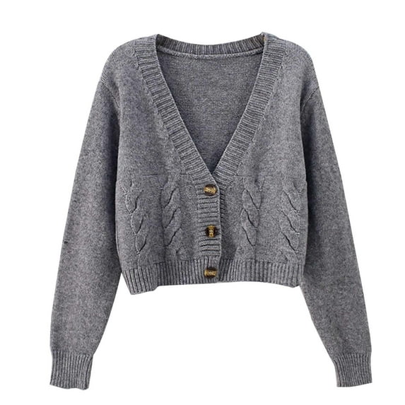 Cardigan Sweaters For Women Autumn And Winter Warm Solid Color Retro Blouse Loose V Neck Short Knit Cardigan Coat Acrylic Fibe Blended Cardigan 1Pc Gray One Size Sweaters For Women