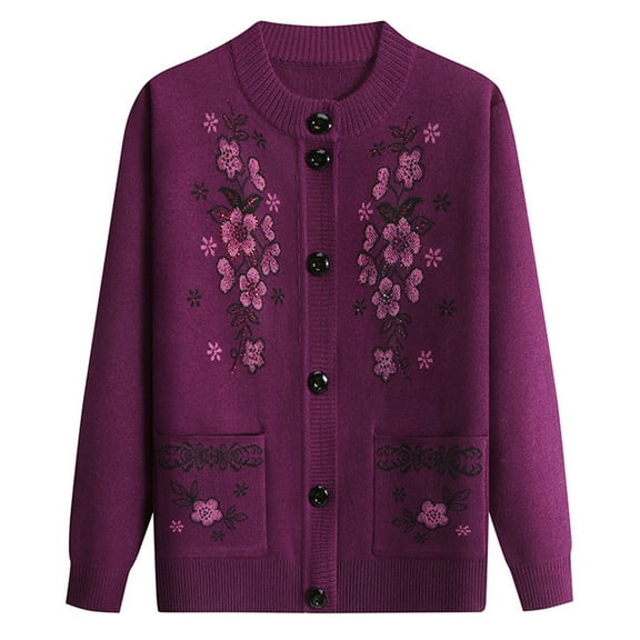 Cardigan Sweaters For Women Button Down Cardigan Sweater Middle Elderly Long Sleeve Knitted Jacket With Pockets Knit Blending Jackets Outerwear Jackets 1Pc Purple 2Xl Sweaters For Women