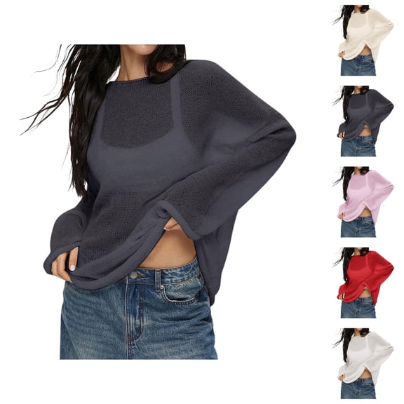 Cardigan Sweaters for Women Casual Knit Lightweight Boho Vacation Summer Outfit Women Oversized Long Sleeve Sheer Mesh Knit Sweater Tops Summer Loose Hollow Out Pullover Shirt Beach