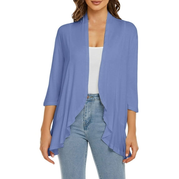 Cardigan Sweaters For Women Casual Lightweight Open Front Cardigan Soft Draped 3/4 Sleeve Polyester Spandex Blending Jackets Outerwear Jackets 1Pc Blue L Sweaters For Women