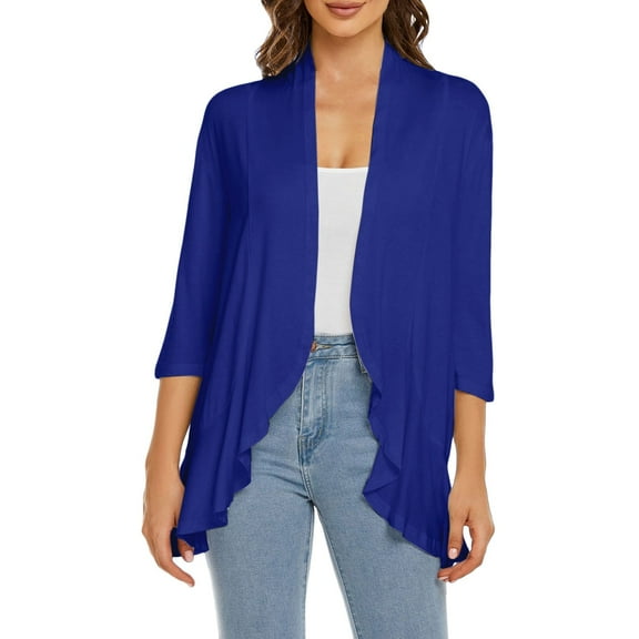 Cardigan Sweaters For Women Casual Lightweight Open Front Cardigan Soft Draped 3/4 Sleeve Polyester Spandex Blending Jackets Outerwear Jackets 1Pc Blue M Sweaters For Women
