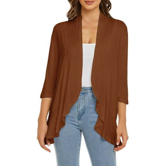 Cardigan Sweaters For Women Casual Lightweight Open Front Cardigan Soft Draped 3/4 Sleeve Polyester Spandex Blending Jackets Outerwear Jackets 1Pc Brown L Sweaters For Women